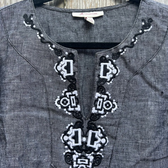 JM COLLECTION Lagenlook Embroidered Gray Linen V Neck Tunic Top Women’s 8 - Picture 5 of 9